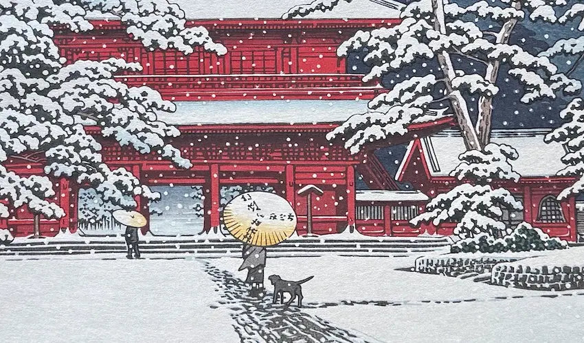 Estampe japonaise de Kawase Hasui : Neige au temple Zojo-ji, détail
