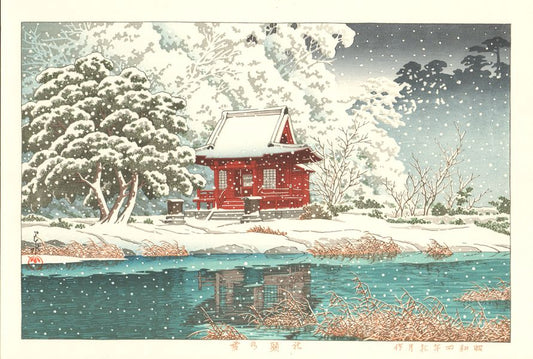 estampe japonaise originale de Hasui Kawase, du mouvement Shin Hanga représentant un sanctuaire sous la neige au bord de l'eau