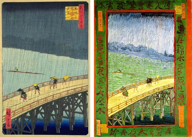 Hiroshige et Van Gogh représentation de la pluie sur un pont à Atake estampe japonaise et peinture