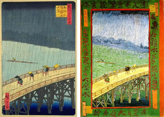 Hiroshige et Van Gogh représentation de la pluie sur un pont à Atake estampe japonaise et peinture