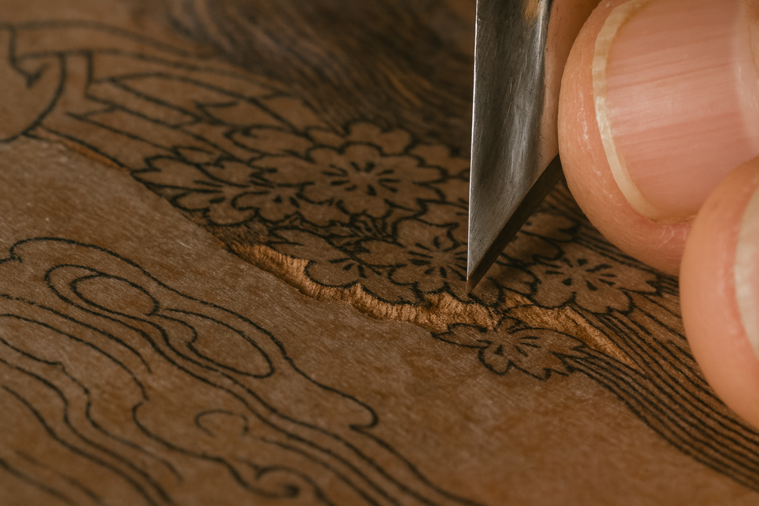 gravure sur bois détail pour une estampe japonaise ukiyo-e. Le geste du graveur