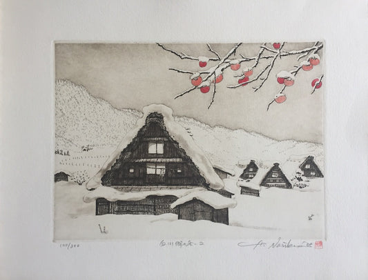 estampe japonaise contemporaine de Norikane Hiroto Shirakawa sous la neige