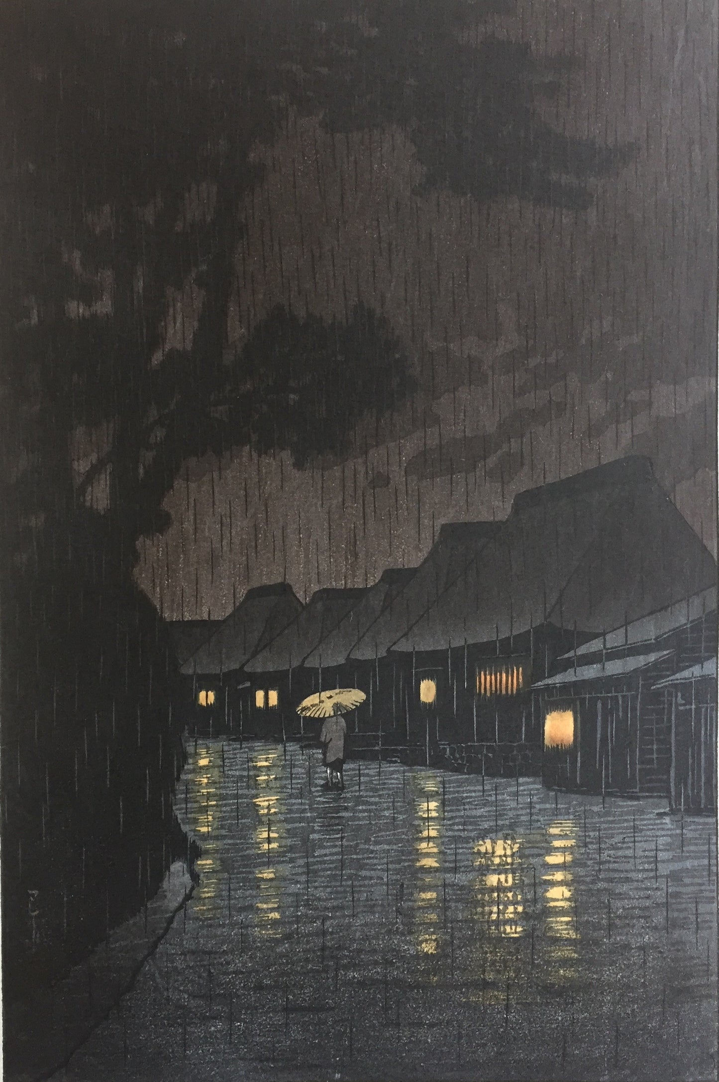 Hasui Kawase - Soir de pluie à Maekawa, Soshu