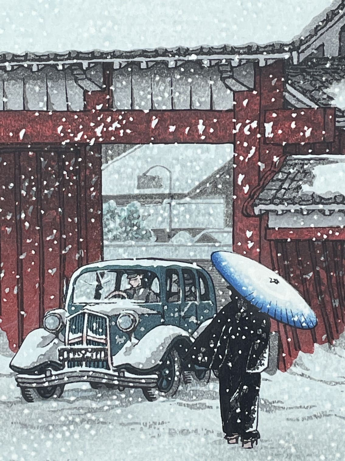 Hasui Kawase - La grande porte de Shiba sous la neige