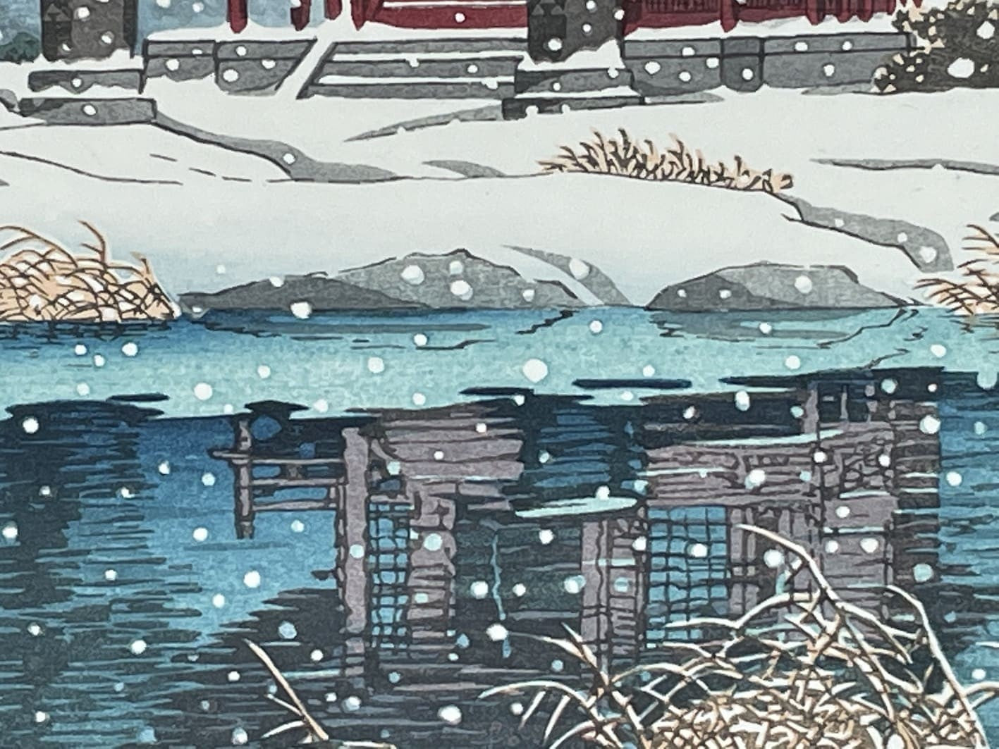 Hasui Kawase - Neige à l'entrée du sanctuaire Inokashira Benten