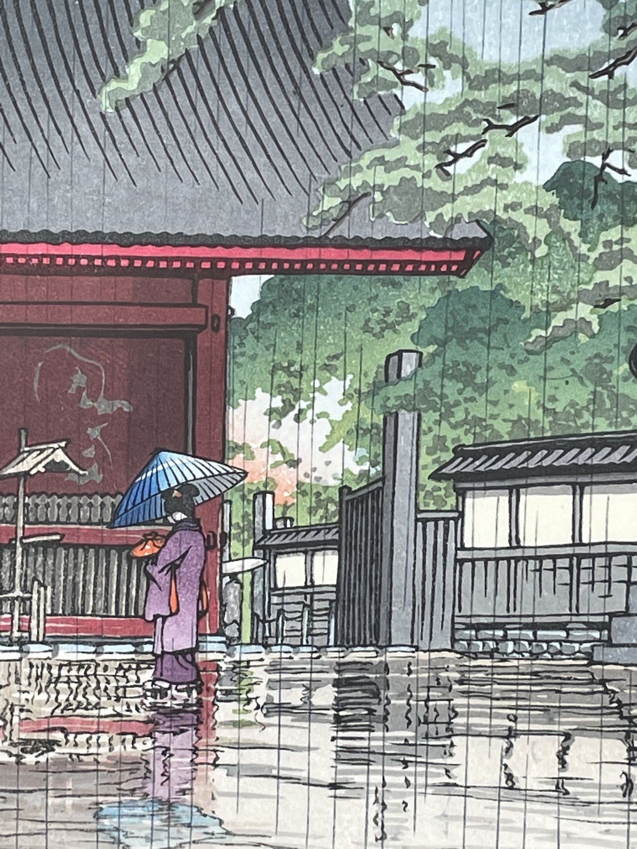 Hasui Kawase - Pluie de printemps au temple Gokoku