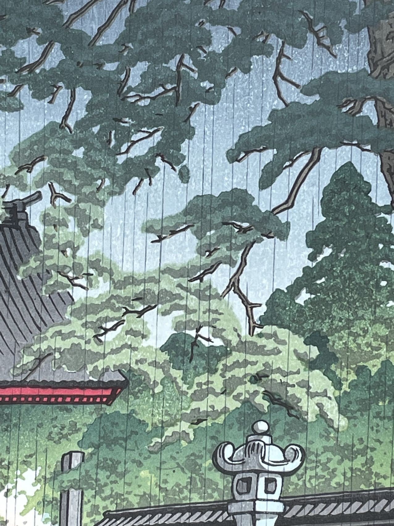 Hasui Kawase - Pluie de printemps au temple Gokoku