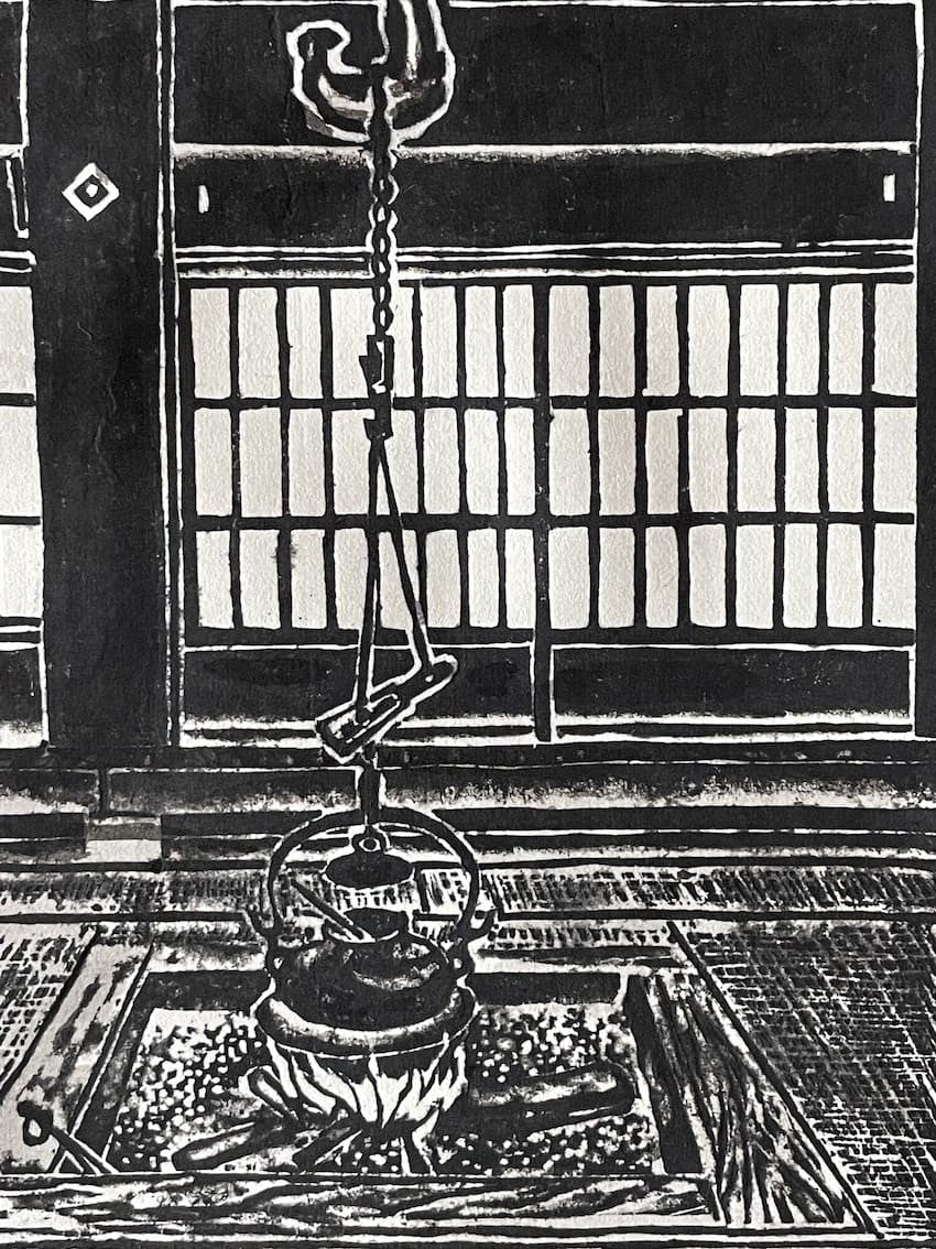 estampe japonaise Hiroshi Yuasa intérieur d'une maison traditionnelle