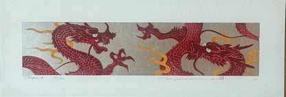 gravure sur bois originale de Hajime Namiki représentant deux dragons rouges se faisant face édition limitée