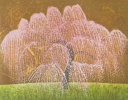 Estampe japonaise originale de Takashi Hirose représentant un cerisier Okame en fleurs roses sur un fond doré, édition signée et numérotée 19 sur 20.
