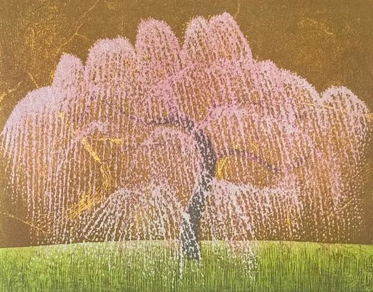Estampe japonaise originale de Takashi Hirose représentant un cerisier Okame en fleurs roses sur un fond doré, édition signée et numérotée 19 sur 20.