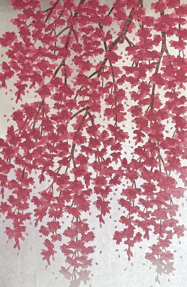 Hajime Namiki – Cerisiers pleureurs – estampe japonaise contemporaine fond argent sakura