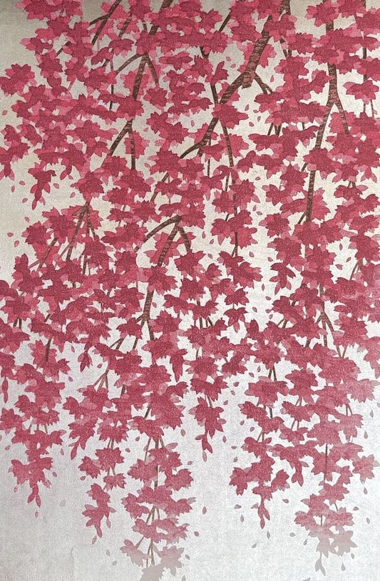 Hajime Namiki – Cerisiers pleureurs – estampe japonaise contemporaine fond argent sakura