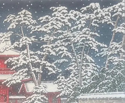 Détail du temple Zōjō-ji sous la neige dans une estampe de Hasui Kawase