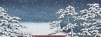 Estampe japonaise de Kawase Hasui : Neige au temple Zojo-ji, détail
