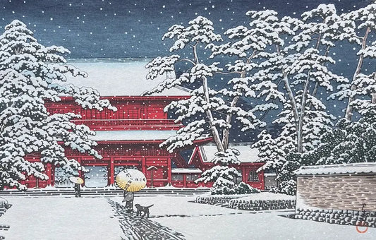 Estampe japonaise de Kawase Hasui : Neige au temple Zojo-ji, détail
