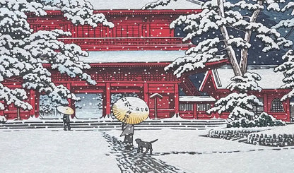 Estampe japonaise de Kawase Hasui : Neige au temple Zojo-ji, détail