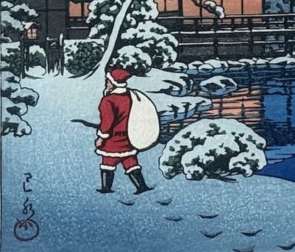 estampe japonaise père Noel et paysage de neige Hasui Kawase
