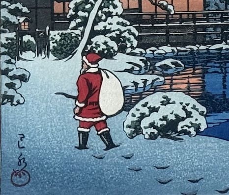 estampe japonaise père Noel et paysage de neige Hasui Kawase