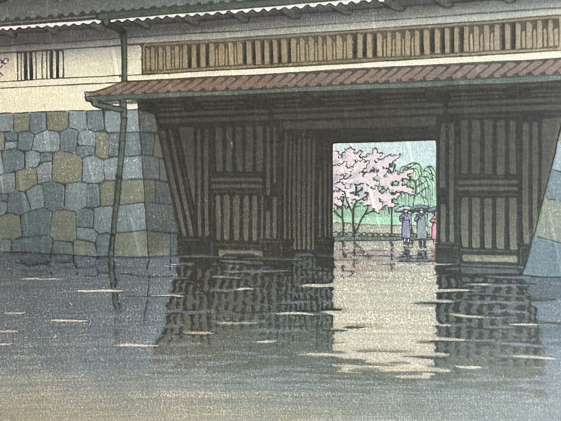 Estampe japonaise Shin Hanga de Hasui Kawase - Pluie de printemps à la porte Sakurada