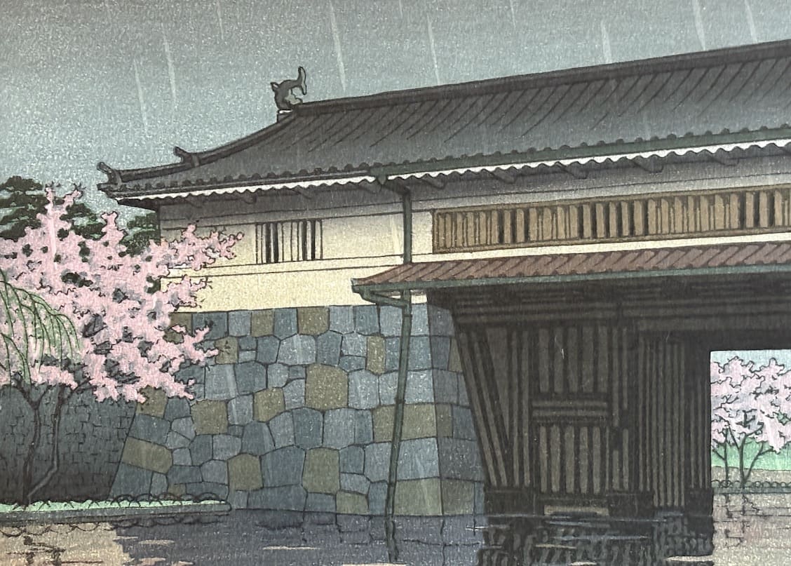 Estampe japonaise Shin Hanga de Hasui Kawase - Pluie de printemps à la porte Sakurada