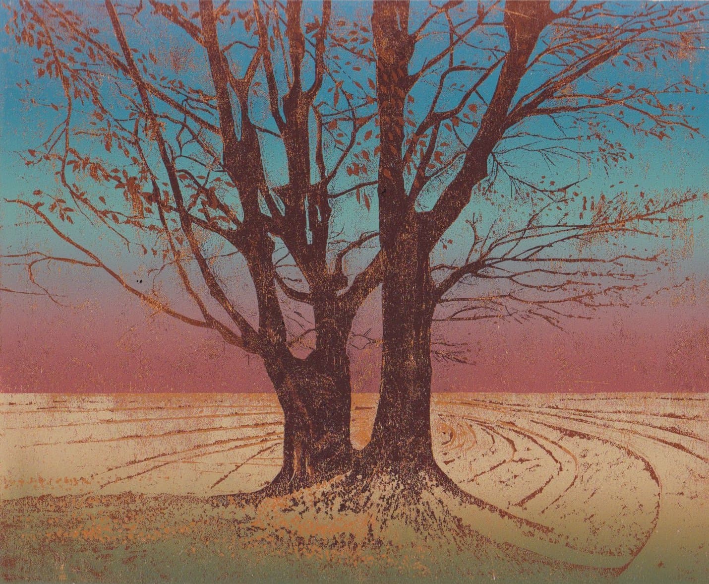 estampe japonaise Hirose Takashi d'un arbre au crépuscule