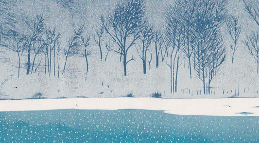 estampe japonaise de Hirose Takashi lac et forêt sous la neige