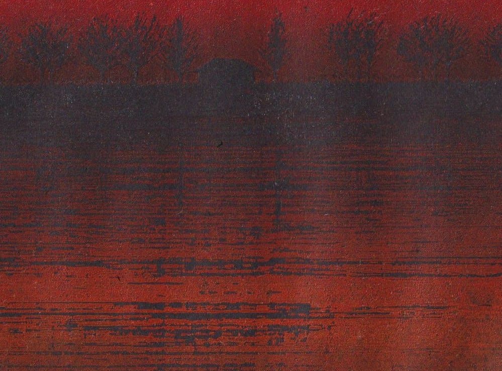estampe japonaise contemporaine représentant un lac rouge édition limitée de Hirose Takashi
