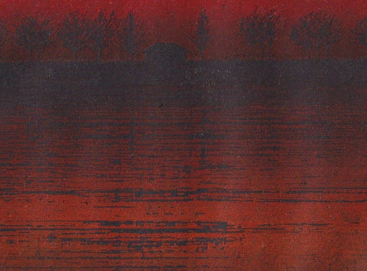estampe japonaise contemporaine représentant un lac rouge édition limitée de Hirose Takashi
