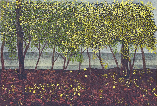 Estampe japonaise contemporaine de Takashi Hirose représentant un alignement de jeunes arbres aux feuilles vertes et jaunes sur un sol couvert de feuilles mortes.