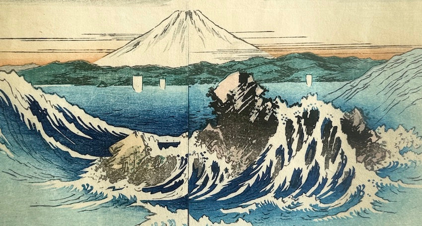 Utagawa Hiroshige : le Mont Fuji vu depuis la côte de Yasuda, province d'Aga (Awa - Yasunada kaigan)