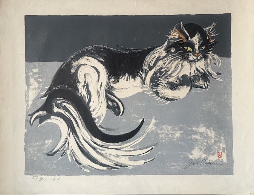 Jun'ichirō Sekino : Chat noir et blanc - Estampe japonaise sōsaku hanga