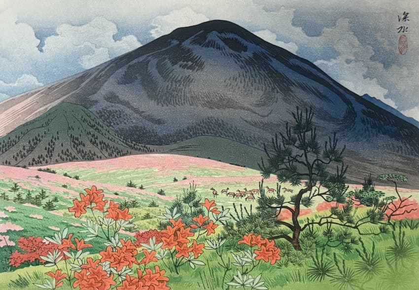 Paysage japonais – azalées et montagne au début de l’été – estampe originale de Shinsui