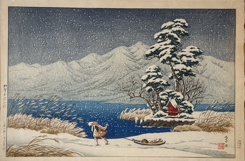 Ito Takashi estampe Shin Hanga d'époque le lac shibayama sous la neige