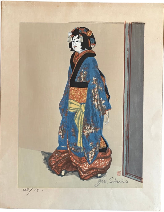 Estampe japonaise sosaku hanga de Junichiro Sekino - La poupée Bunraku