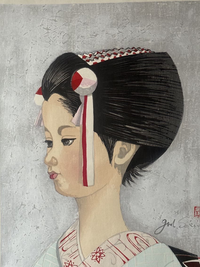 Portrait d’une jeune maiko de Kyoto – estampe japonaise originale de Jun’ichirō Sekino