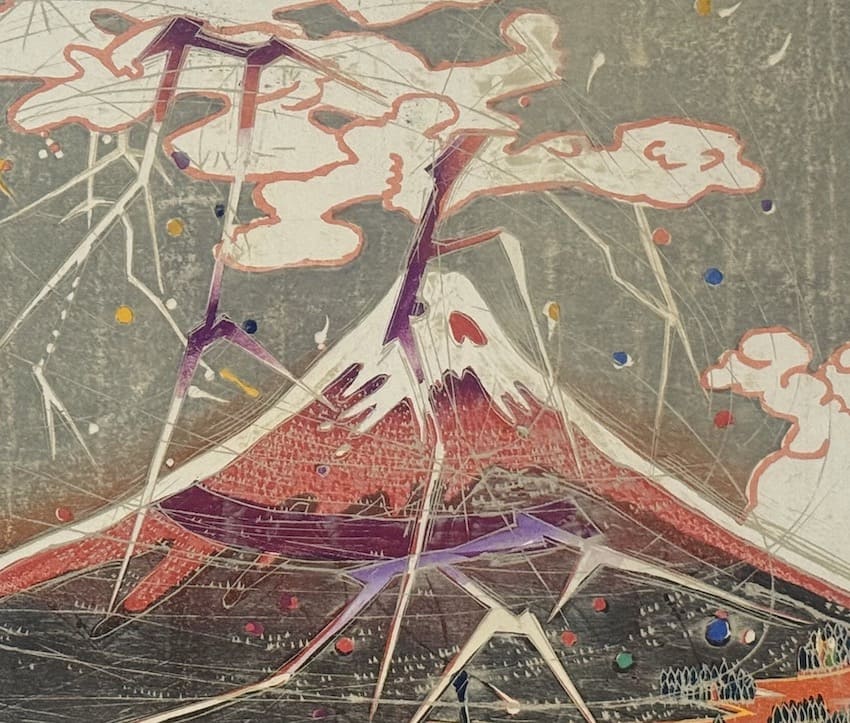 estampe japonaise de Kawachi Seiki Mont Fuji sous un orage