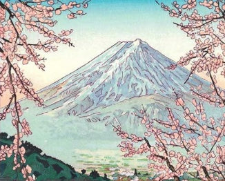 estampe japonaise Shin Hanga de Koichi Okada le Mont Fuji vue des rives du lac Kawaguchi