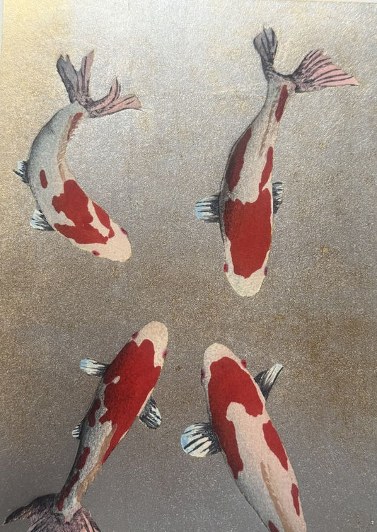 Kunio Kaneko – Swing Swing Swing – estampe japonaise carpes koi fond métallisé