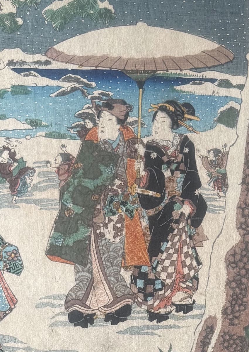 Kunisada II — Suetsumuhana — scène sous la neige — estampe ukiyoe originale Edo (1857)