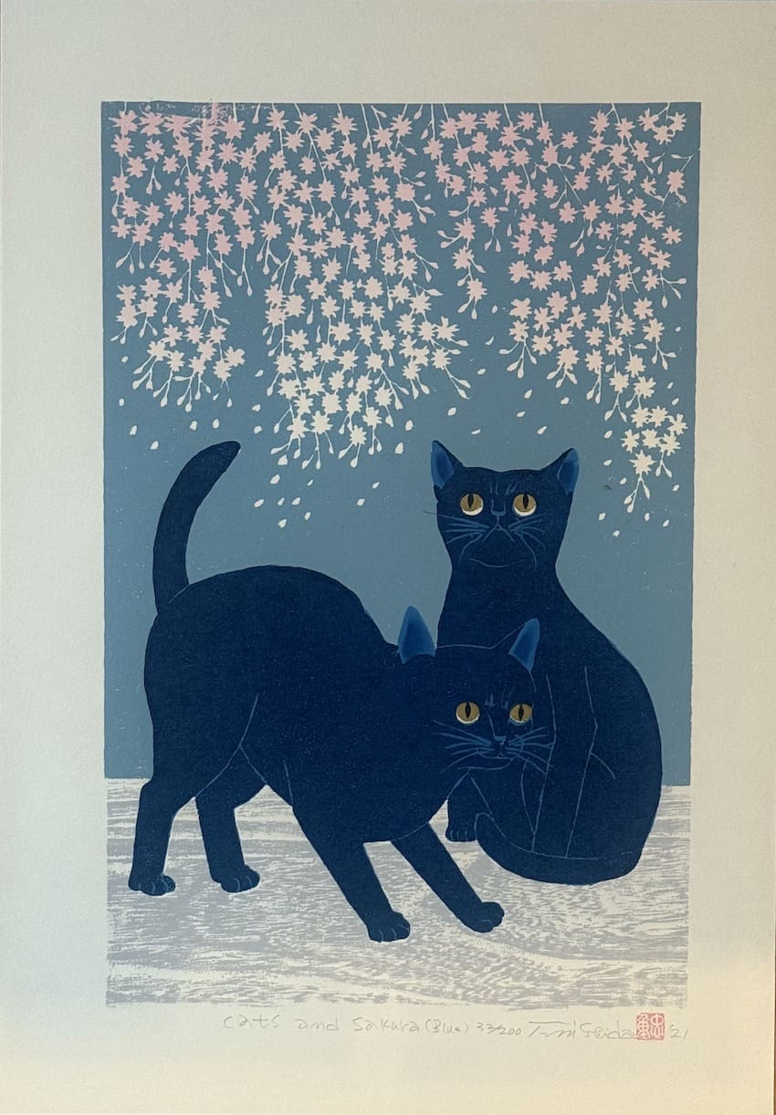 Tadashige Nishida : Chats et sakura (bleu) - Estampe japonaise contemporaine