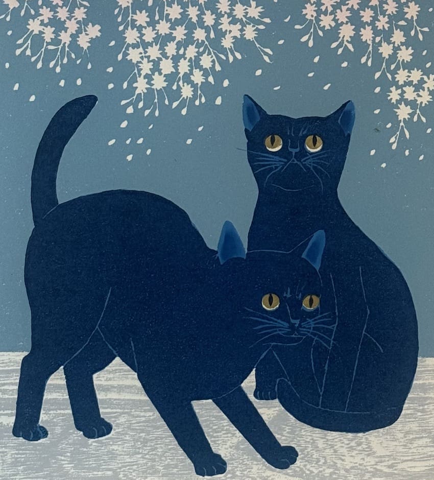 chats et sakura de Tadashige Nishida estampe japonaise authentique