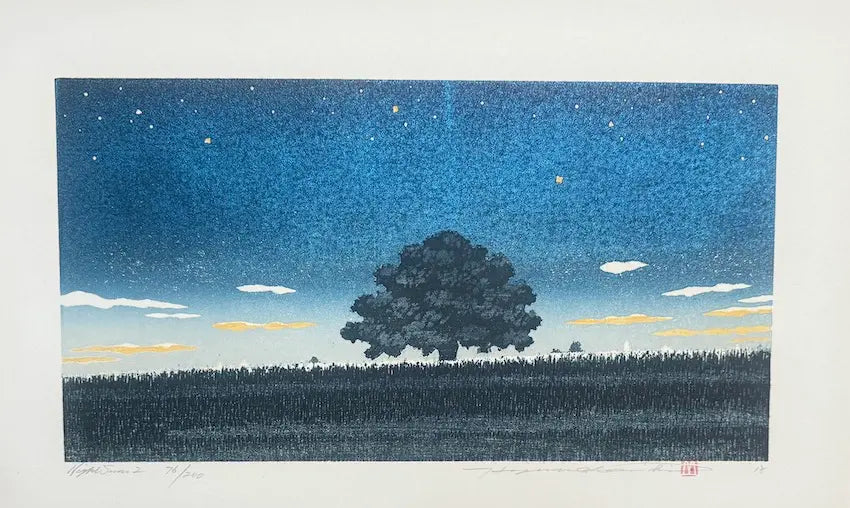 estampe japonaise contemporaine édition limitée de Hajime Namiki arbre et ciel de nuit étoilé
