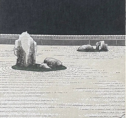 Estampe japonaise originale de Teruhide Kato - Jardin Zen du Temple Ryoan-ji à Kyoto - Style contemporain épuré