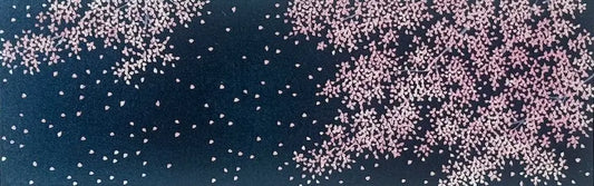 Gravure sur bois originale nocturne "Sakura-5" par Hajime Namiki, cerisiers en fleurs sur fond sombre, signée et numérotée.