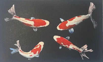 Estampe japonaise de Kunio Kaneko montrant quatre carpes koï blanches et rouges nageant sur un fond noir mat.