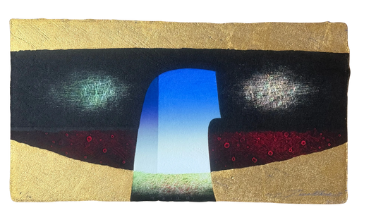 Estampe contemporaine de Yoshikatsu Tamekane intitulée "L'Arche (Réminiscence)", utilisant feuilles d'or, noir profond et une arche ouverte sur un paysage bleu.