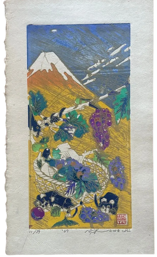 Estampe japonaise de Saiko Kawachi : Fuji, raisins et animaux
