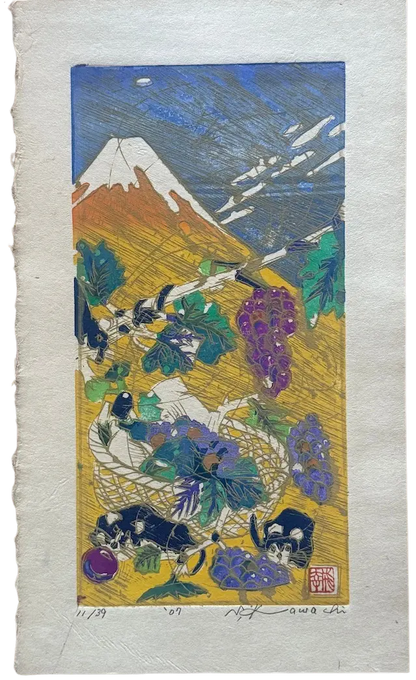 Estampe japonaise de Saiko Kawachi : Fuji, raisins et animaux