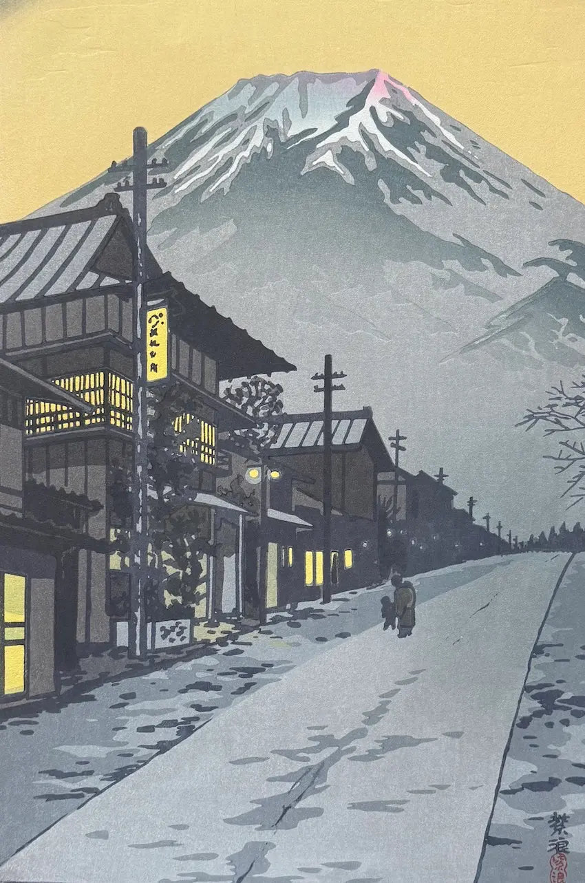 Estampe japonaise originale de Shiro Kasamatsu - Le Mont Fuji depuis Yoshida au crépuscule - Style Shin-hanga